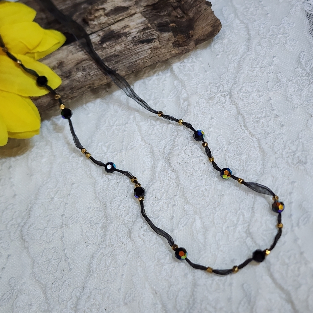 Vintage Dainty Organza Ribbon Necklace With AB Black Glass and Gold Toned Beads